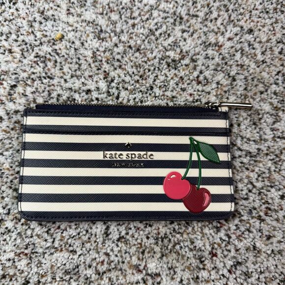 Kate Spade Women's Striped Cherry Card Holder Wallet Blue Multi - Picture 1 of 5